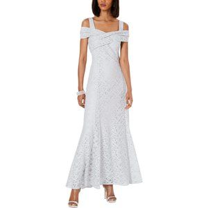 Tahari Gray Cold Shoulder Lace Long Formal Gown